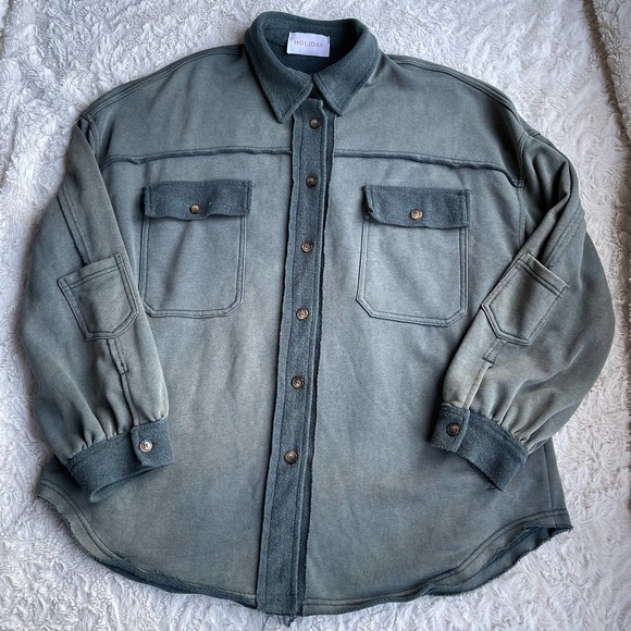 Pol French terry oversized shacket jacket green button front vintage wash faded - Picture 6 of 16